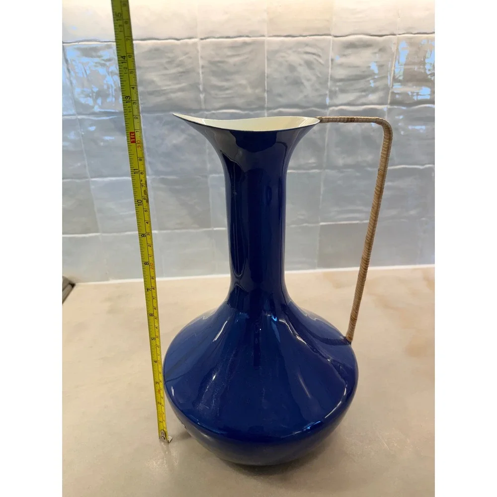 Anthropologie Cobalt Blue Enamel Pitcher Vase Rattan Handle Decorative 67484188
